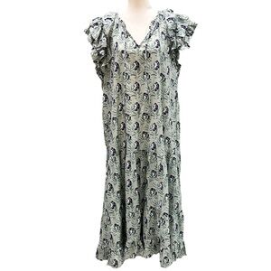 Floral Ruffle Sleeve Dress Bindu Kaftan 100% Cotton Maxi Green